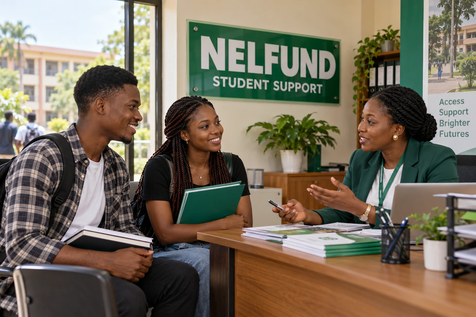 Illustration of students at a NELFUND student support office