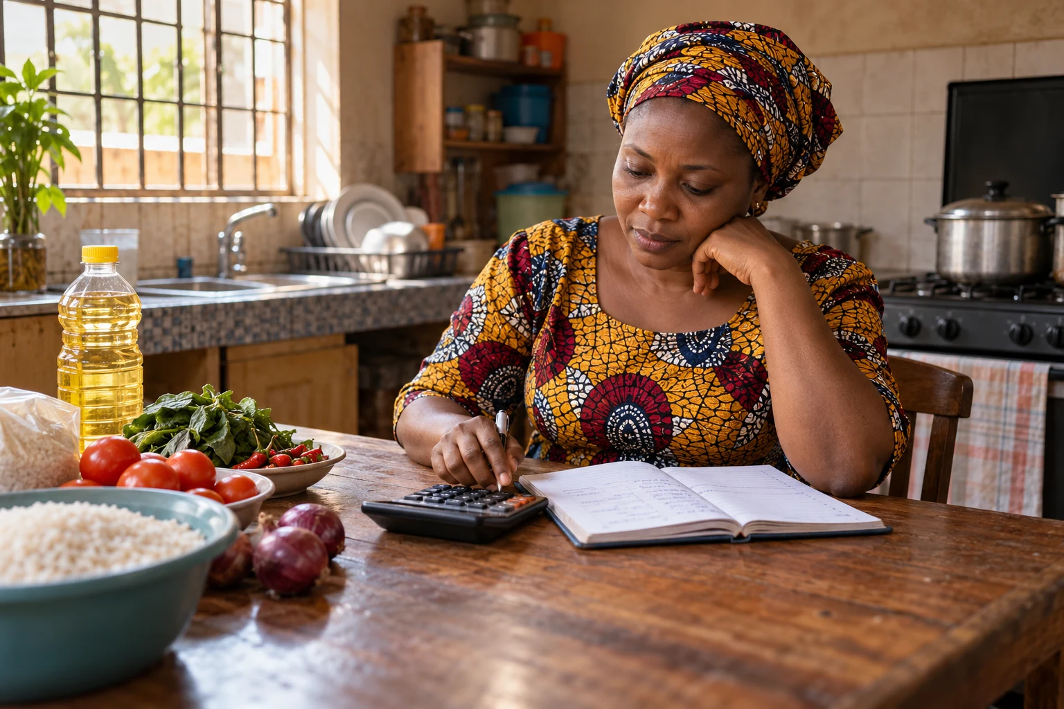 Illustration of a mother reviewing household expenses